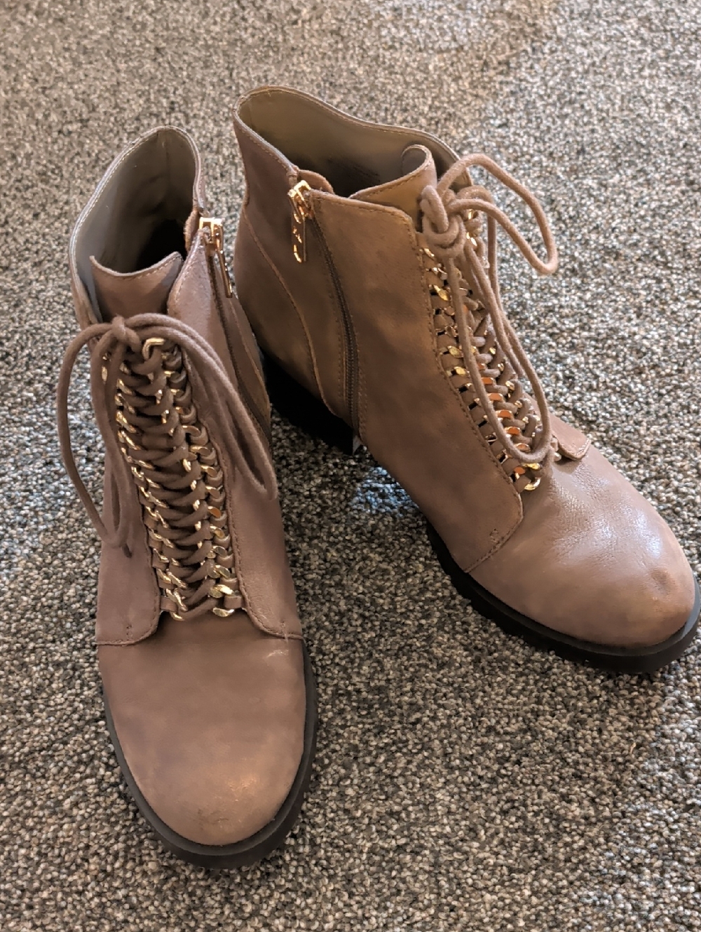 Karl Lagerfeld Taupe Lace-Up Ankle Booties with Gold Chain Detail